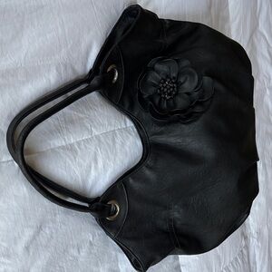 Large Black Faux Leather Tote Bag with flower